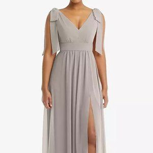 After six 1569..Plunge Neckline Bow Shoulder, Chiffon Maxi Dress..Taupe.Size 12